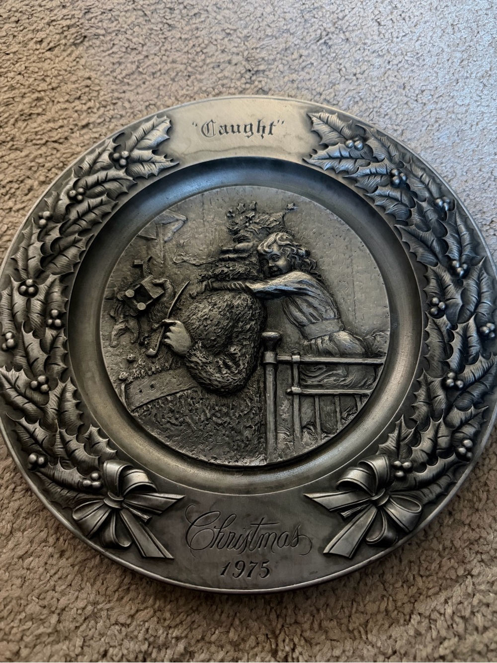“Caught” Christmas 1975 Decorative Pewter Plate